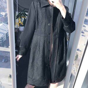 Floral Carved Wool Blend Maxi Coat: Black Punched Hole Jacket, Size M